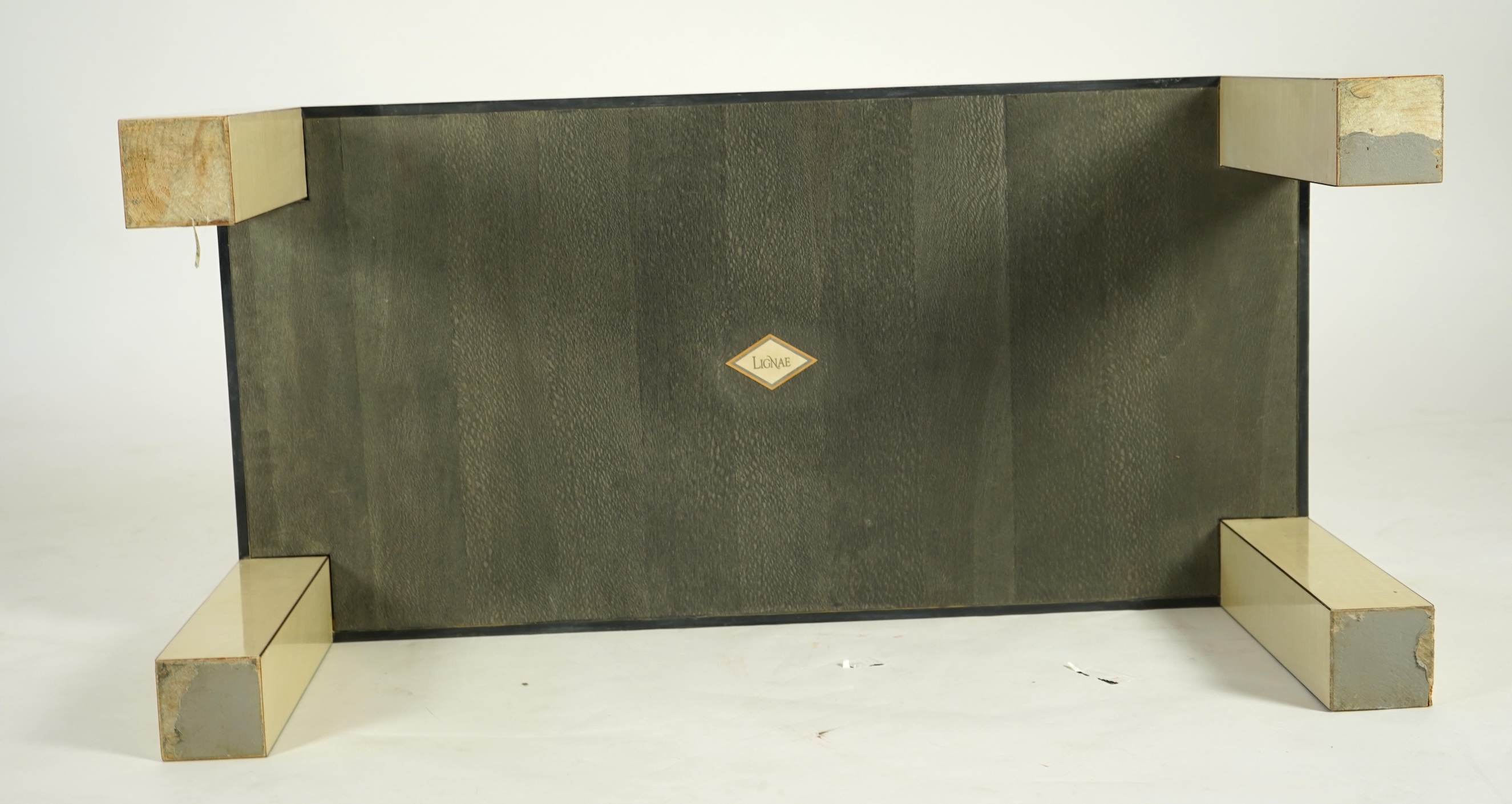 Lignae: A contemporary rectangular sycamore and specimen wood coffee table on square legs